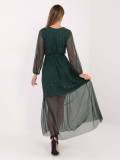 Elegant maxi dress with appliqué and belt, dark green