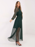 Elegant maxi dress with appliqué and belt, dark green
