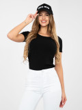 Black ribbed cotton blouse with short sleeves