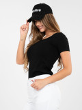 Black ribbed cotton blouse with short sleeves
