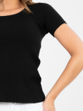 Black ribbed cotton blouse with short sleeves