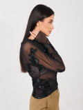 Elegant black blouse with floral appliqué and embroidery