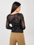 Elegant black blouse with floral appliqué and embroidery