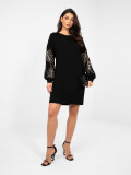 Black mini dress with embroidery and puff sleeves