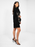 Black mini dress with embroidery and puff sleeves