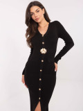 Elegant black midi dress with V-neck and buttons