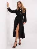 Black flared midi dress with belt and brooch