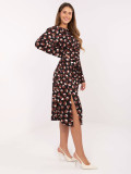 Black midi dress with geometric pattern and ruching