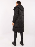 Long black quilted coat with hood