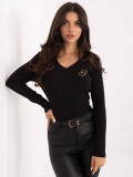 Black cotton blouse with embroidery and V-neckline