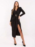 Black midi pencil dress with long sleeves and wrap neckline