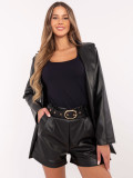 Elegant women's faux leather shorts with belt, black