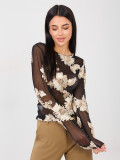 Elegant black blouse with beige embroidery and floral motif