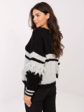 Black striped sweater with V-neck and fringes