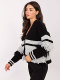 Black striped sweater with V-neck and fringes