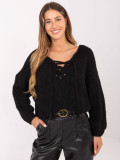 Black knitted sweater with lace-up neckline