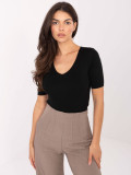 Black ribbed short-sleeve V-neck sweater