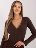 Brown ribbed blouse with V-neck and buttons