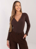 Brown ribbed blouse with V-neck and buttons