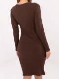 Brown Ribbed Pencil Dress with V-Neckline