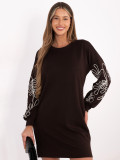 Short brown dress with embroidery and puff sleeves