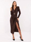 Brown midi pencil dress with wrap neckline