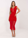 Red midi cocktail dress with applique and brooch