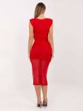 Red midi cocktail dress with applique and brooch