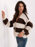 Brown striped sweater with tie detail and puff sleeves