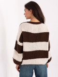 Brown striped sweater with tie detail and puff sleeves