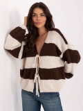 Brown striped sweater with tie detail and puff sleeves