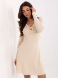 Elegant light beige ribbed knit mini dress with V-neckline
