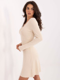 Elegant light beige ribbed knit mini dress with V-neckline