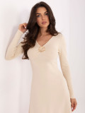 Elegant light beige ribbed knit mini dress with V-neckline