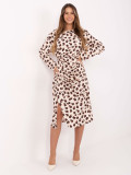 Beige midi dress with geometric pattern and long sleeves