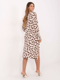 Beige midi dress with geometric pattern and long sleeves
