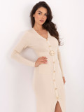 Elegant midi dress with V-neck and buttons, beige