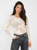 Elegant beige blouse with floral appliqué and embroidery