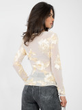 Elegant beige blouse with floral appliqué and embroidery