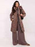 Long beige quilted coat with hood