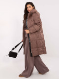 Long beige quilted coat with hood