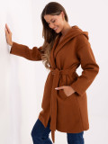 Beige transitional coat with hood and belt