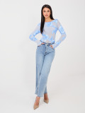 Elegant light blue blouse with floral appliqué and embroidery