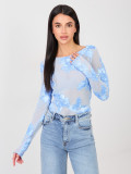 Elegant light blue blouse with floral appliqué and embroidery