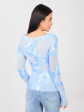 Elegant light blue blouse with floral appliqué and embroidery