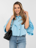 Short light blue denim jacket with ruffle and 3/4 sleeves