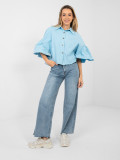Short light blue denim jacket with ruffle and 3/4 sleeves