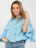 Short light blue denim jacket with ruffle and 3/4 sleeves