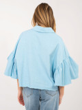 Short light blue denim jacket with ruffle and 3/4 sleeves