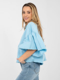 Short light blue denim jacket with ruffle and 3/4 sleeves